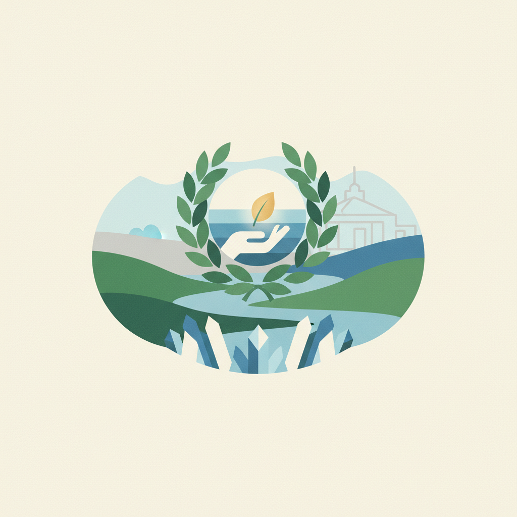 An graphic illustration featuring a central circular emblem
