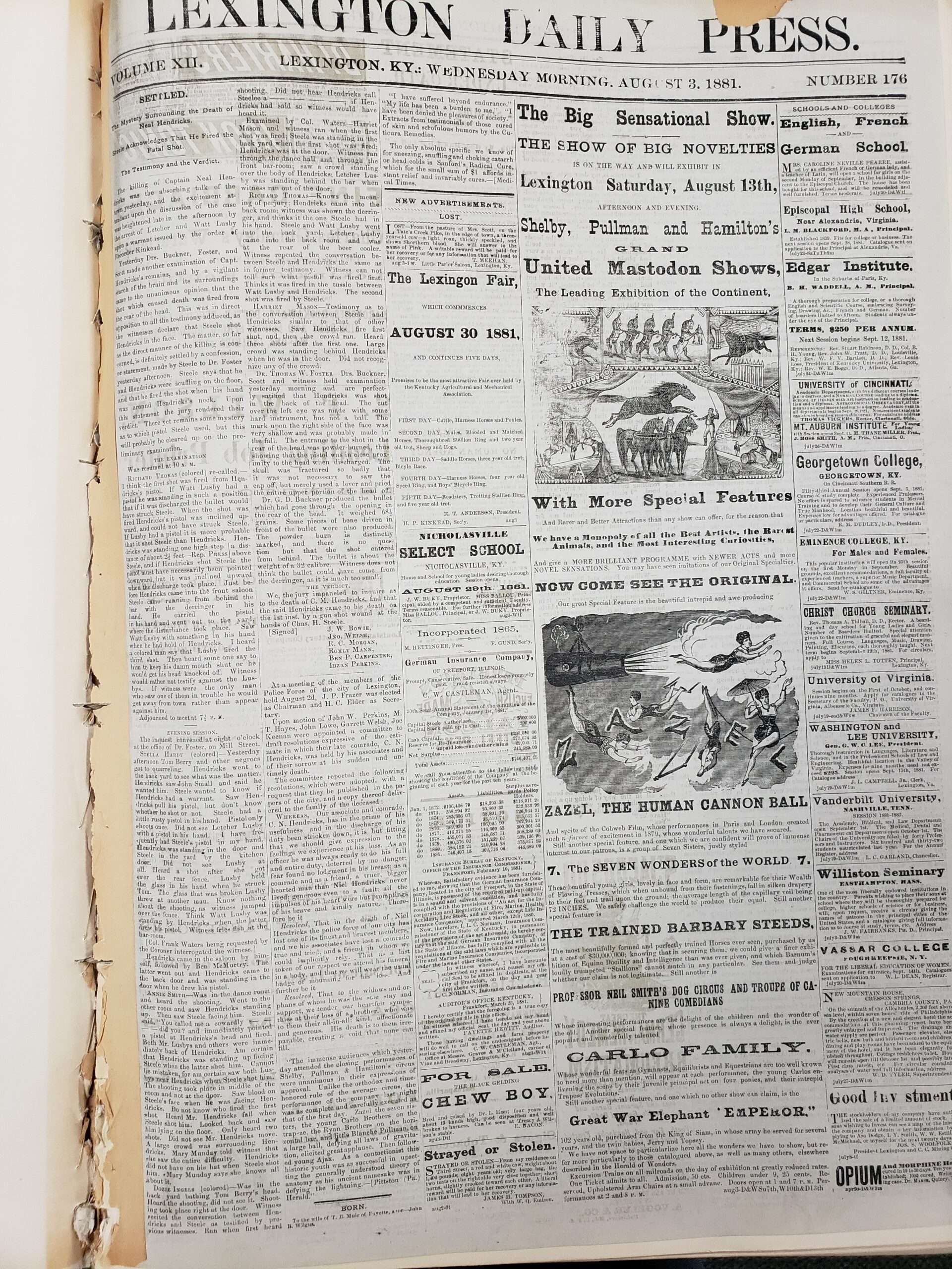 The Lexington Daily Press of Wednesday morning, Aug. 3, 1881, from the bound volumes in the Lexington Public Library’s Kentucky Room.