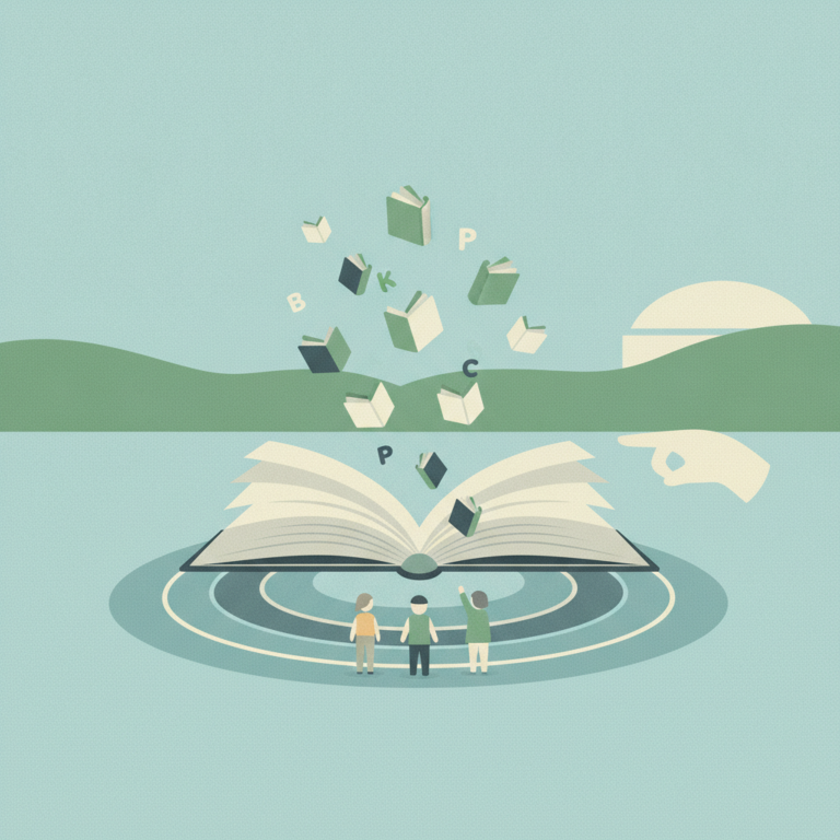 An illustration in soft green and blue tones