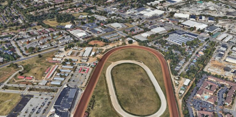 An oblique aerial view of The
