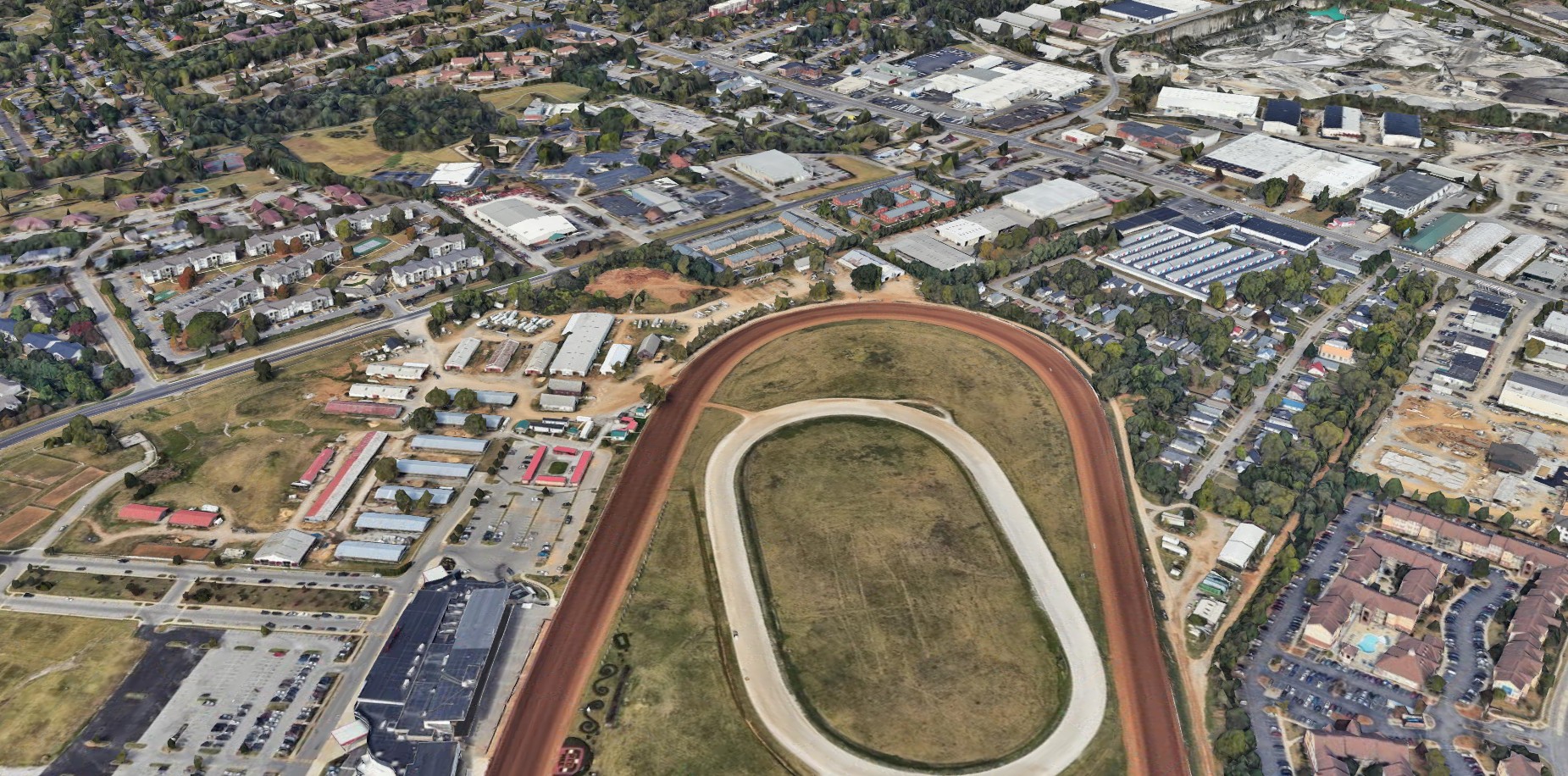 An oblique aerial view of The