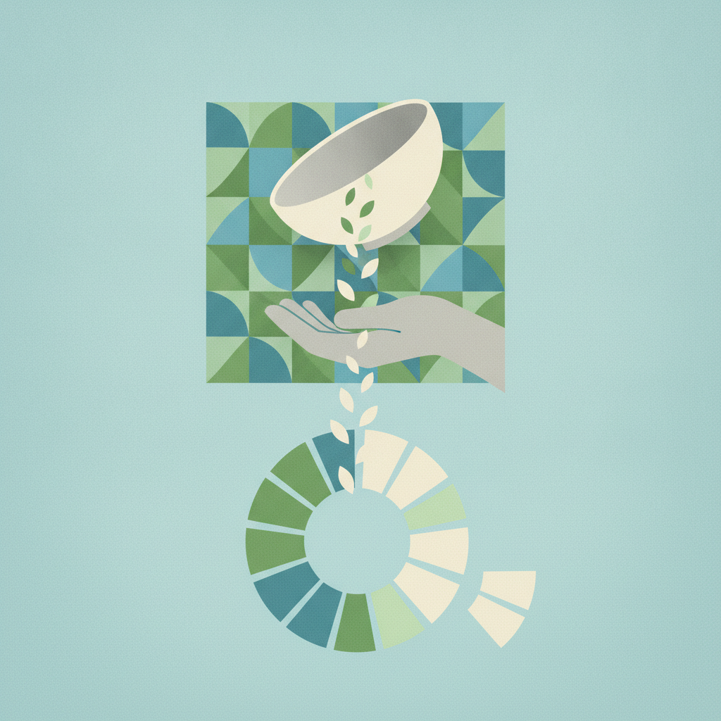 An illustration in shades of green, blue