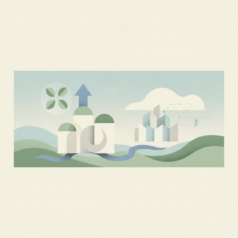 Ground: Curved green rolling hills and a