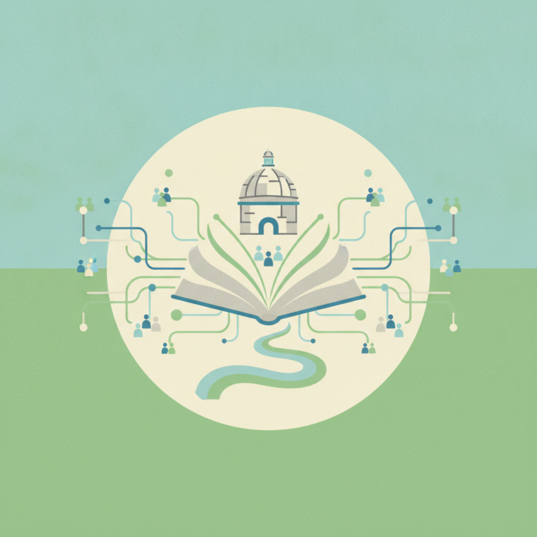 An illustration featuring a stylized open book inside