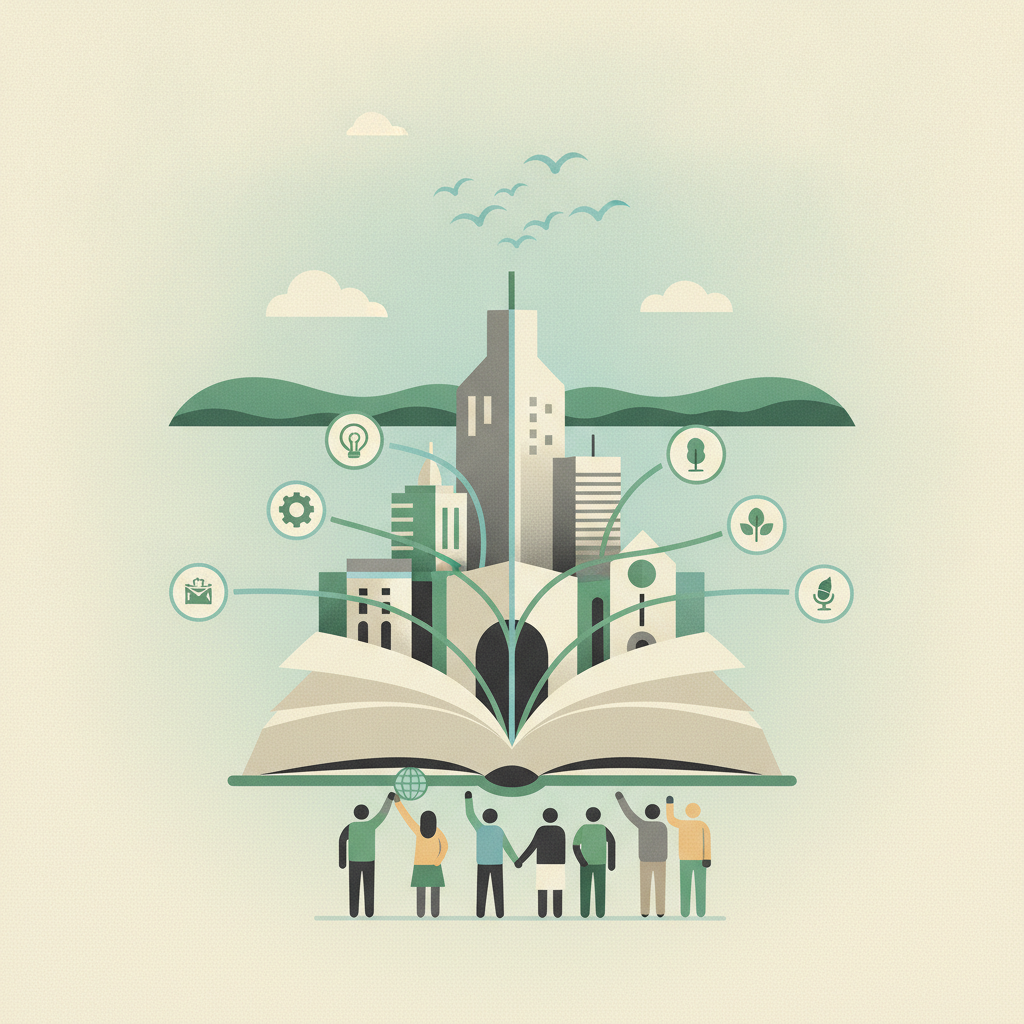 An illustration showing a cityscape growing out