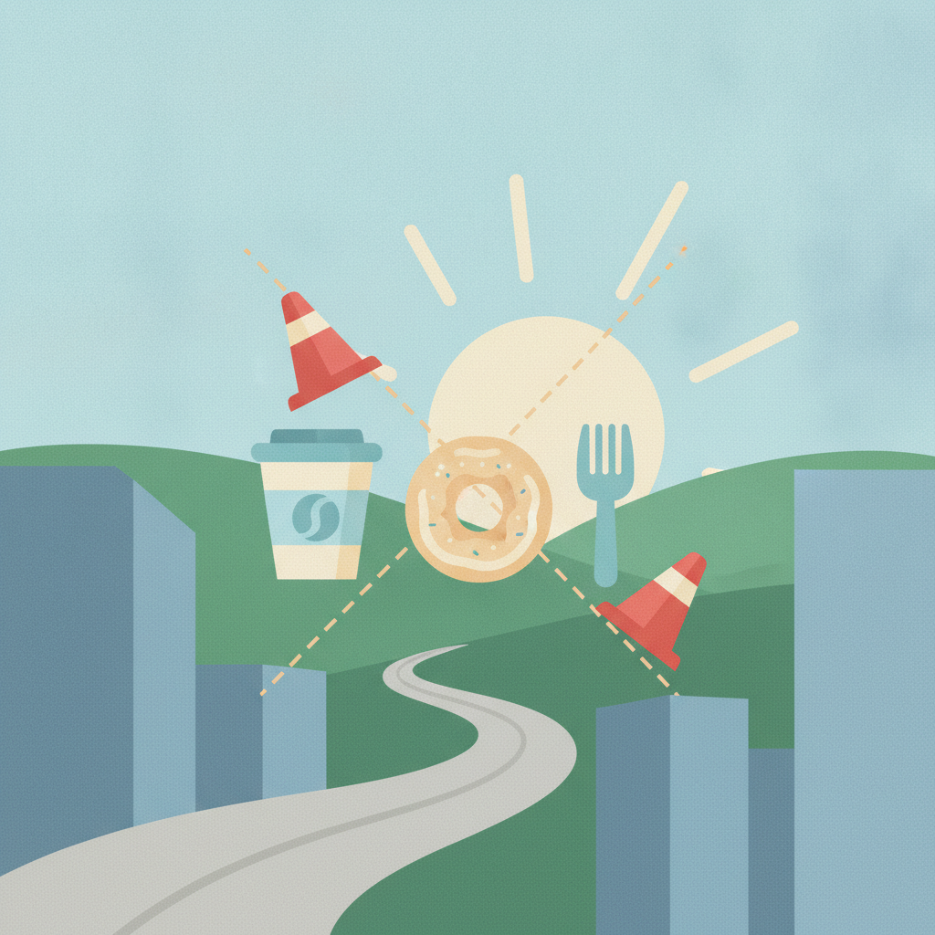 An illustration of a winding campus pathway set