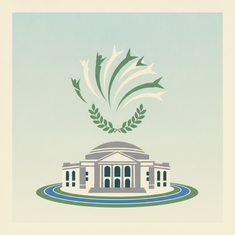 An illustration featuring a stylized neoclassical building