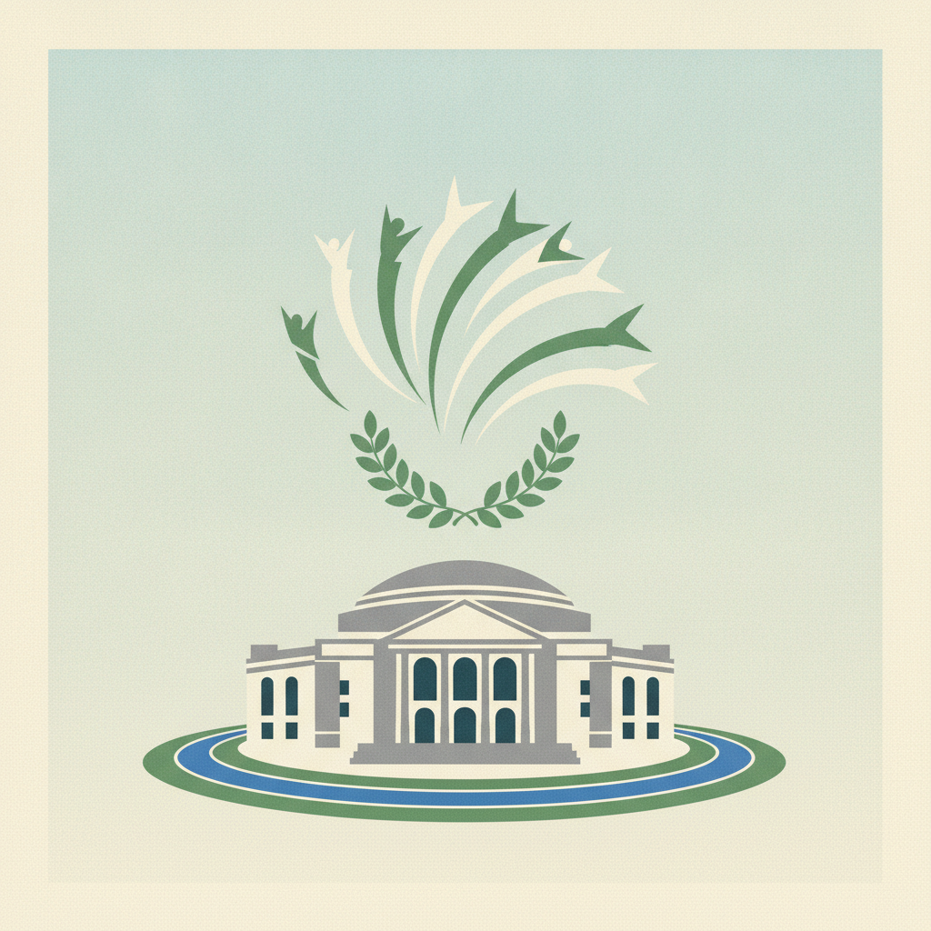 An illustration featuring a stylized neoclassical building
