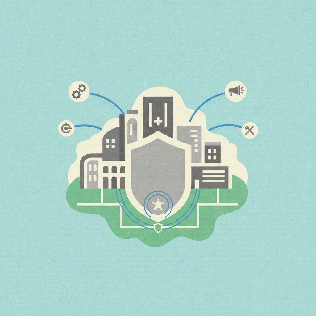 Behind the shield: A stylized cityscape with