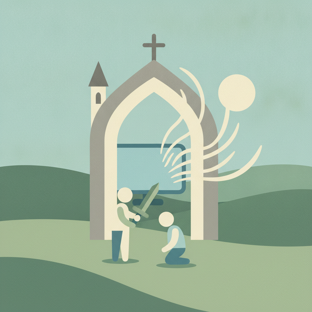 An illustration in a muted green and