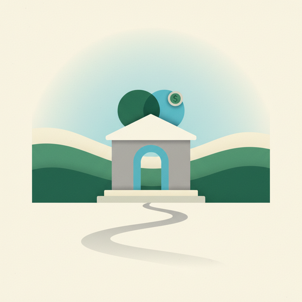 An illustration of a small, stylized bank