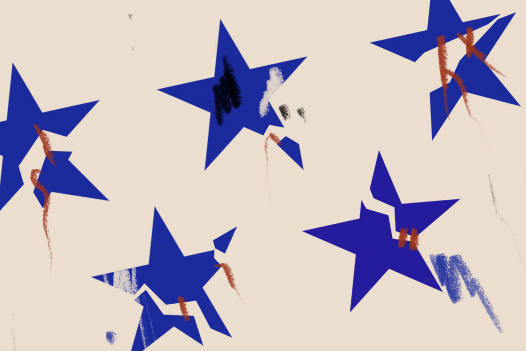 An abstract illustration featuring five fractured