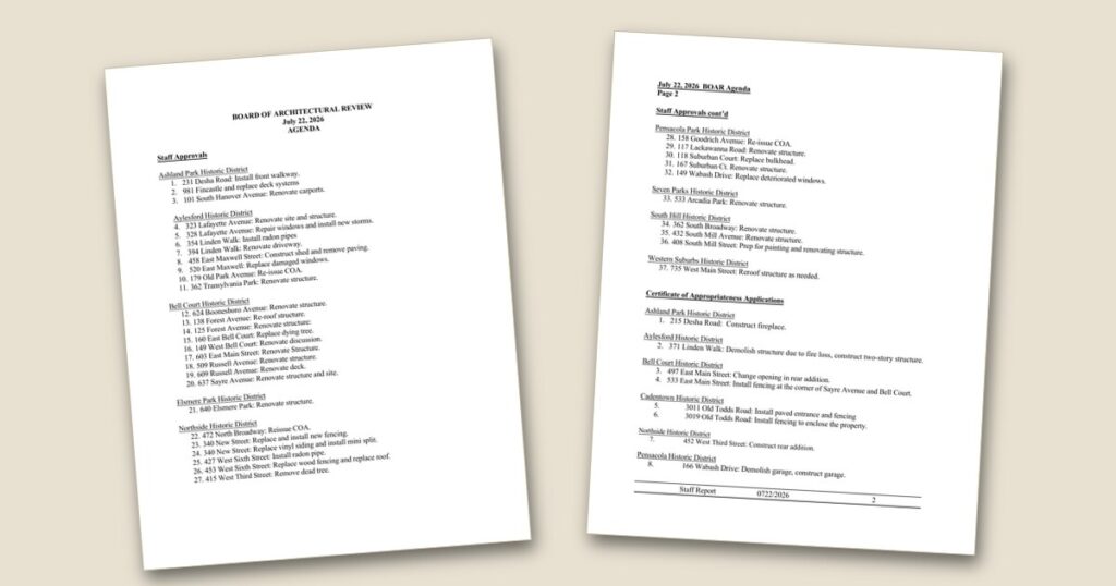 Cover page of the Architectural review board to consider 45 historic district projects Tuesday agenda PDF