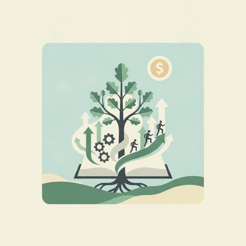 The trunk splits into branches with oak-