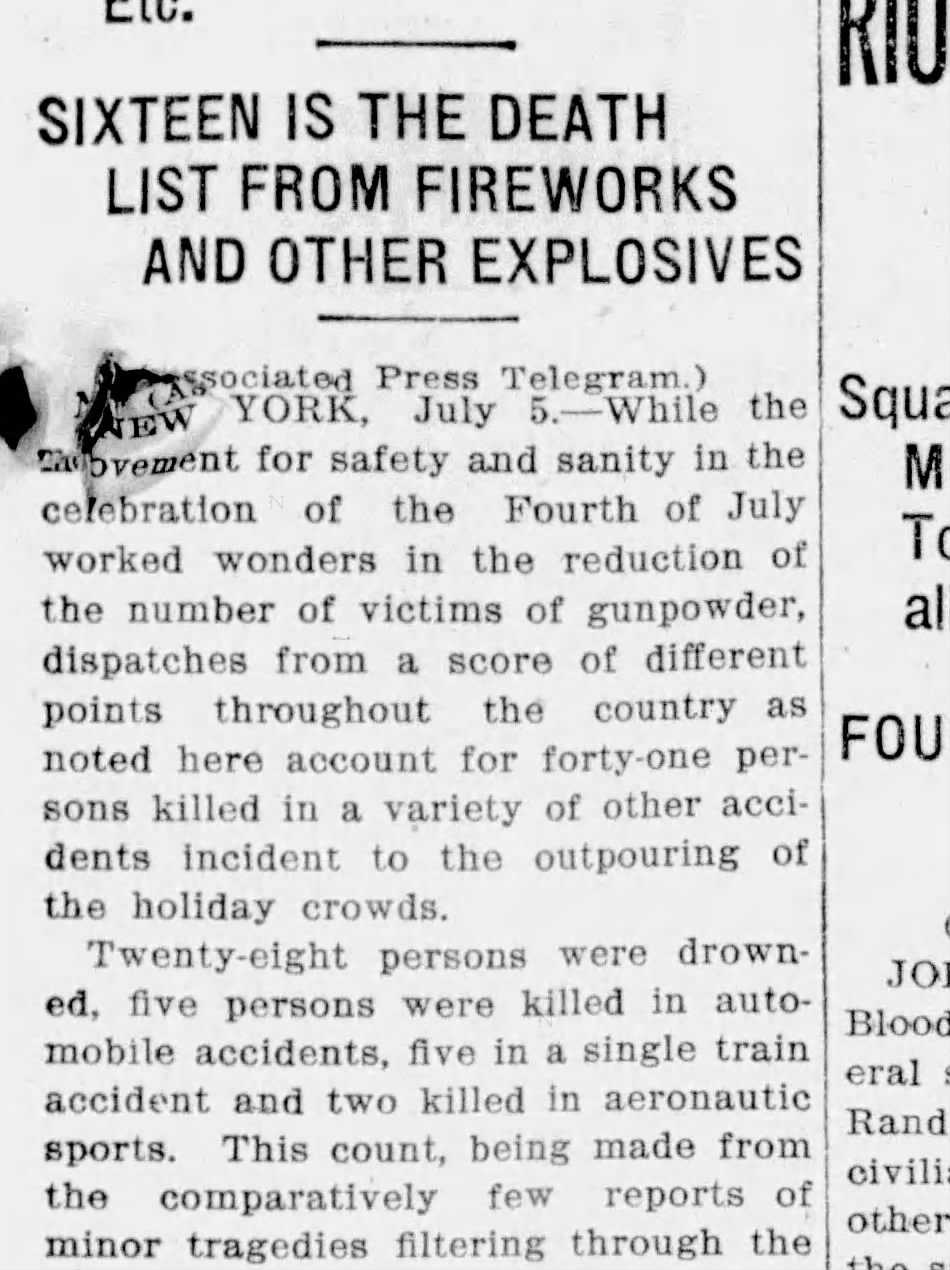 1913 headline: Sixteen Is the Death List from Fireworks and Other Explosives