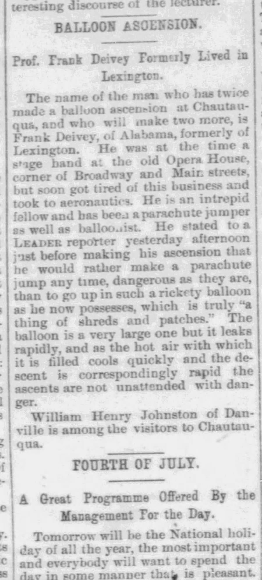 1892 Lexington Leader column: Balloon Ascension, Prof. Frank Deivey
