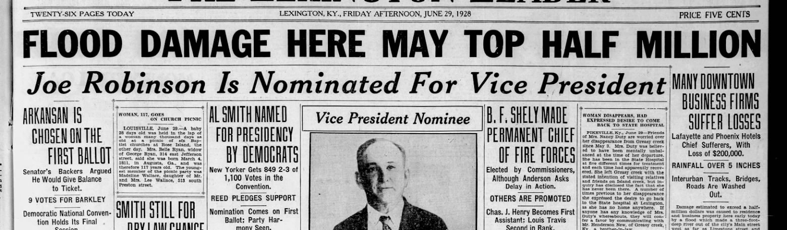 “Flood Damage Here May Top Half Million” — The Lexington Leader, June 29, 1928 (public domain; Newspapers.com)