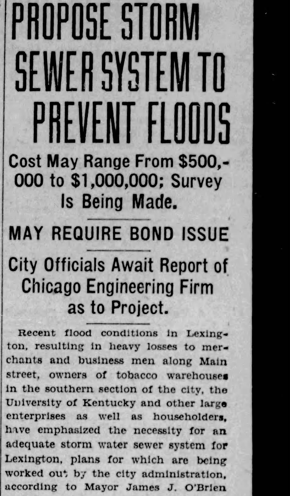 “Propose Storm Sewer System to Prevent Floods” — The Lexington Leader, July 10, 1928 (public domain; Newspapers.com)