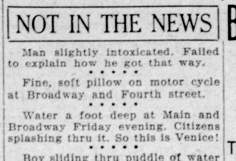 “Water a foot deep at Main and Broadway… So this is Venice!” — “Not in the News,” Lexington Herald-Leader, July 8, 1923 (public domain; Newspapers.com)