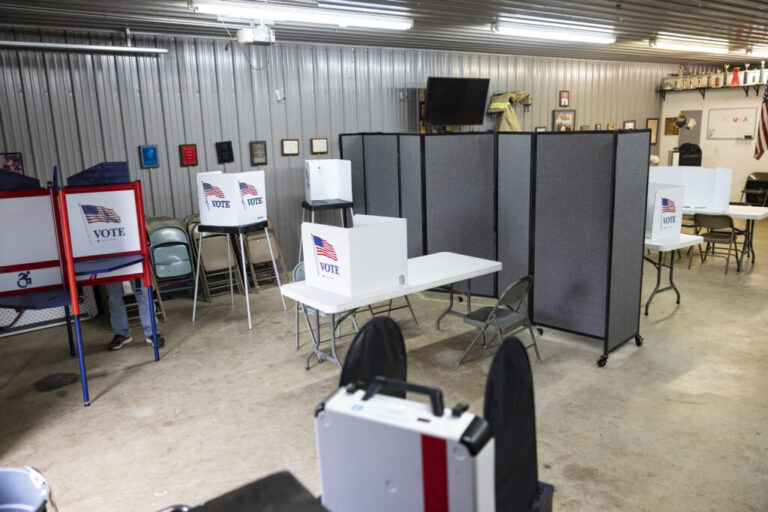 An indoor polling place set up in a