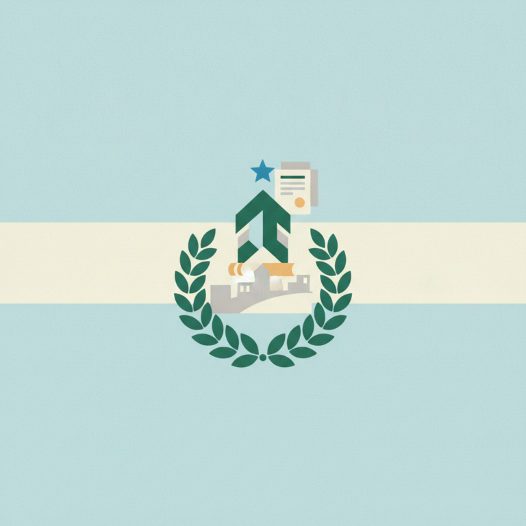 A stylized graphic emblem centered
