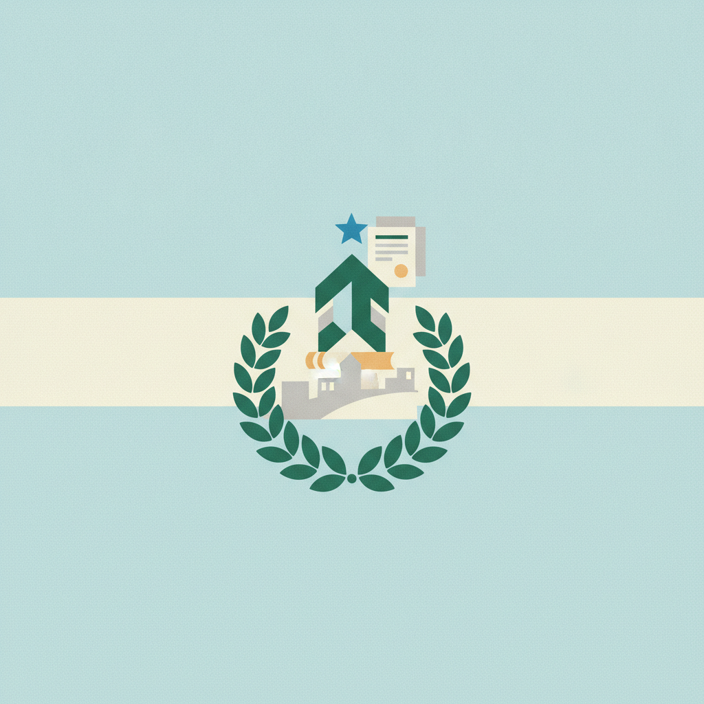 A stylized graphic emblem centered