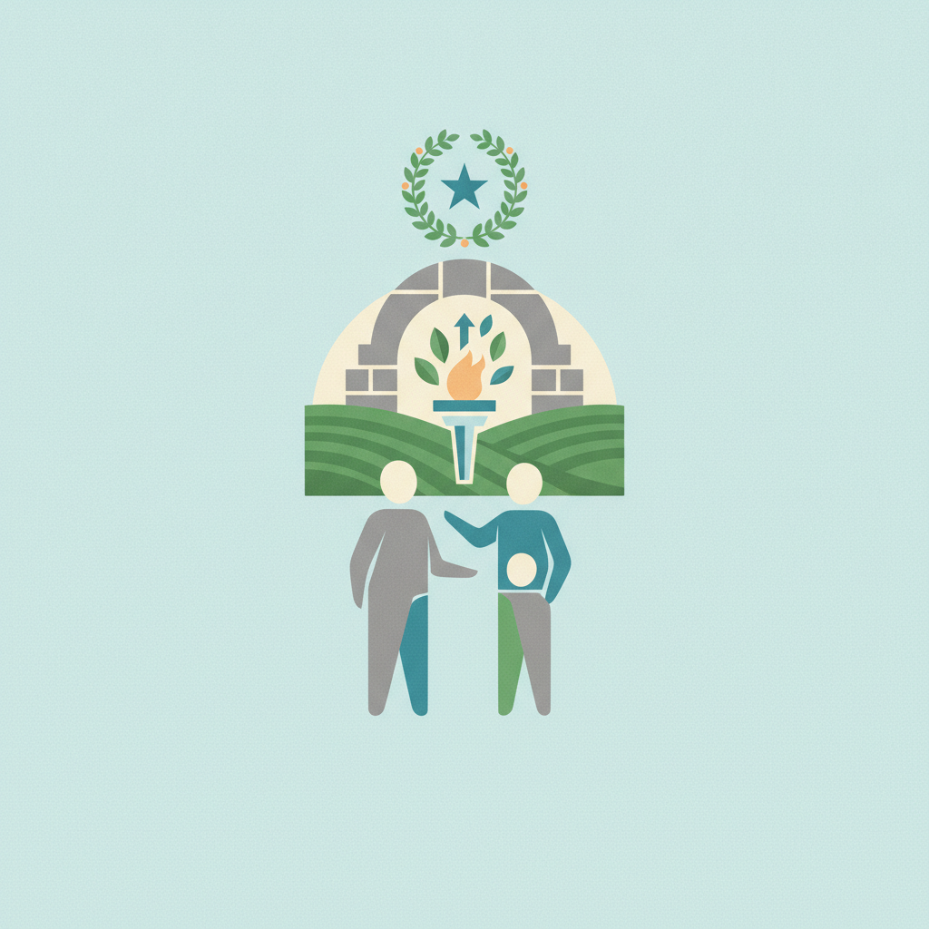 Graphic illustration featuring two stylized figures standing in