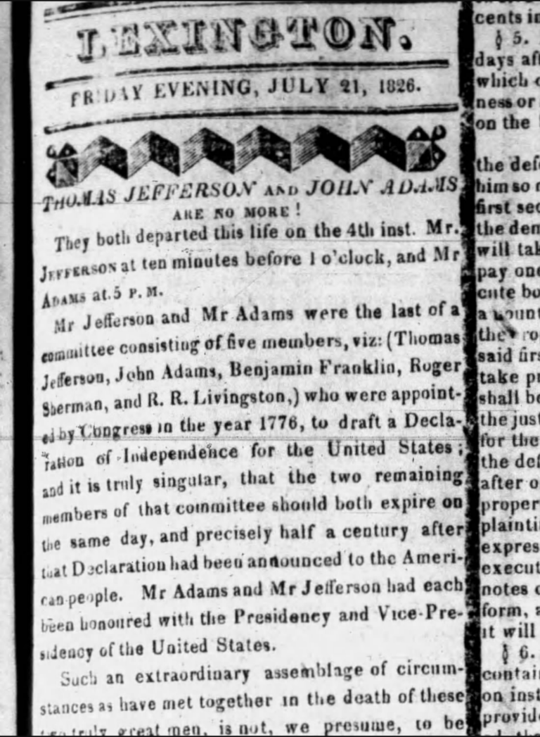 Kentucky Gazette column dated July 21 1826 announcing Thomas Jefferson and John Adams Are No More