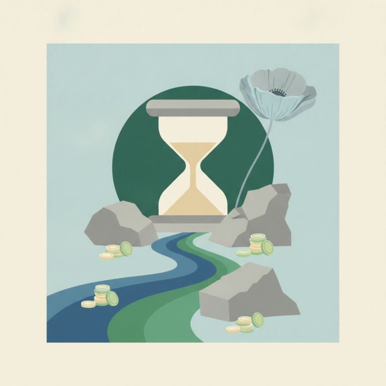 An illustration featuring a central hourglass with running