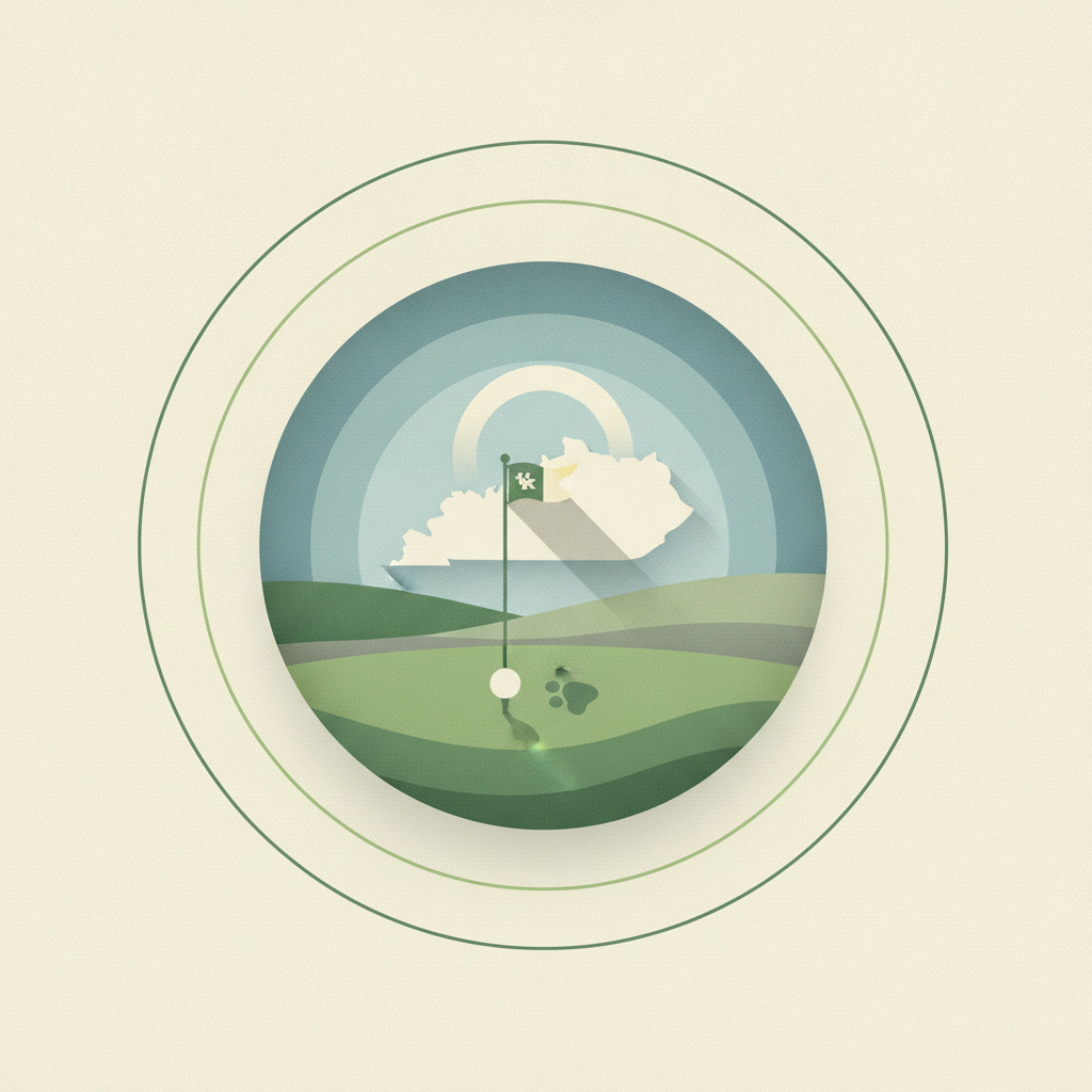 A stylized circular graphic depicting a golf green