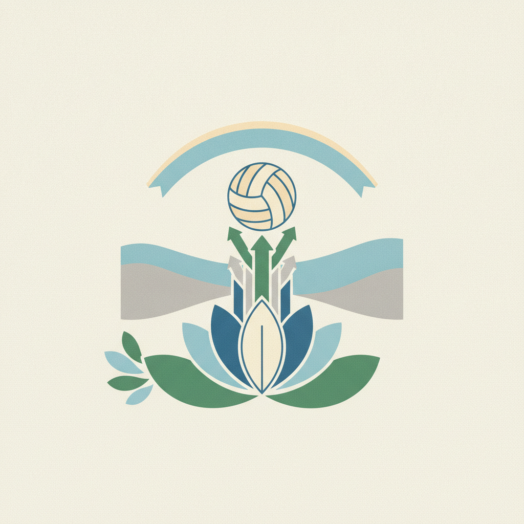 An emblem featuring a stylized volleyball
