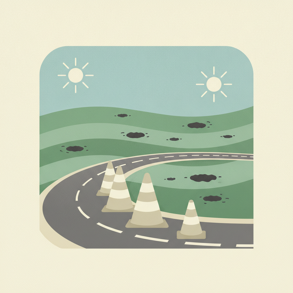 An illustration of a curved road lined with