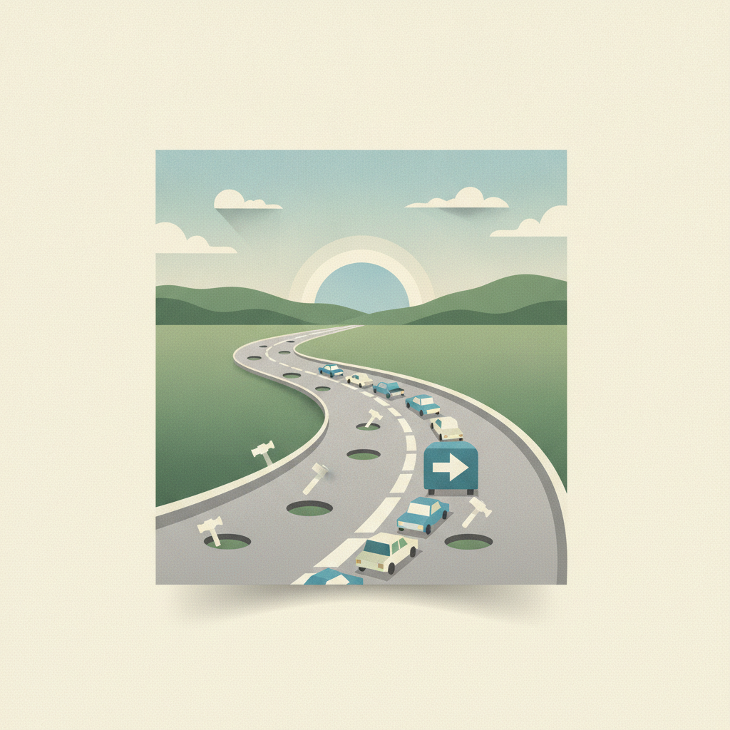 An illustration of a winding two-lane