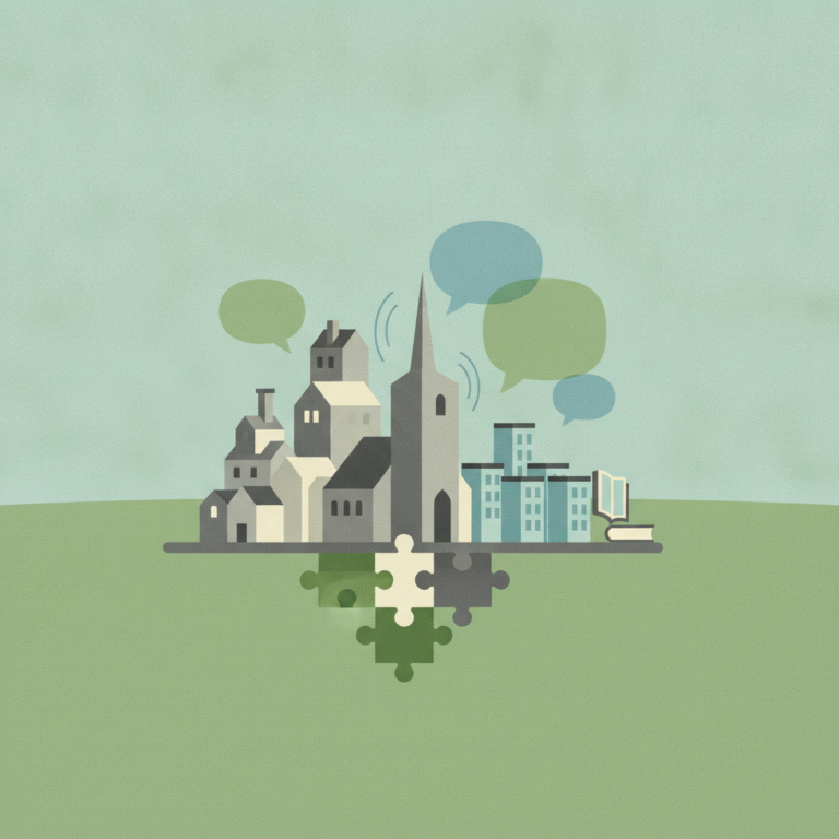 floating above the buildings, suggesting