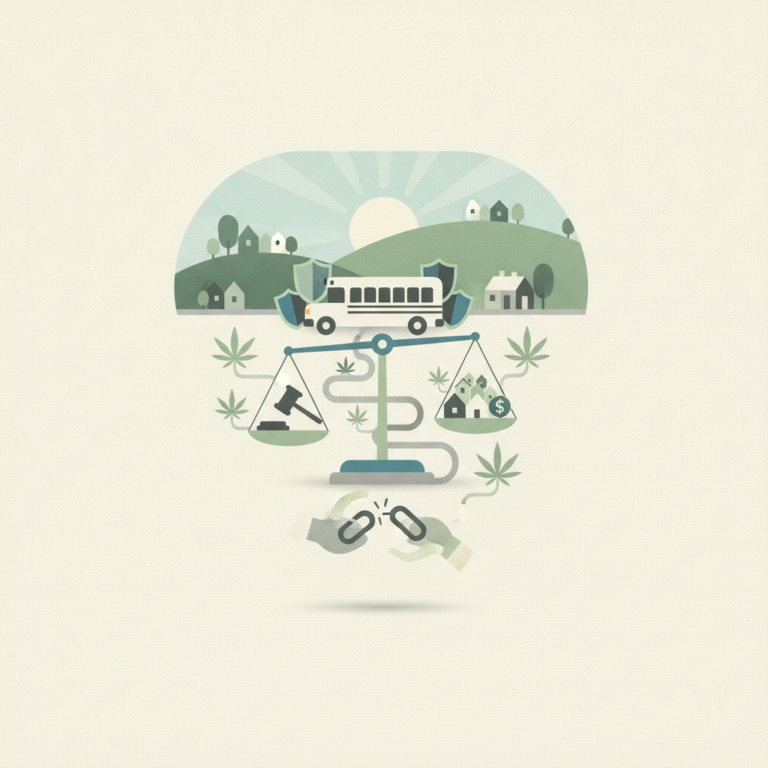An illustration combining various societal and legal themes