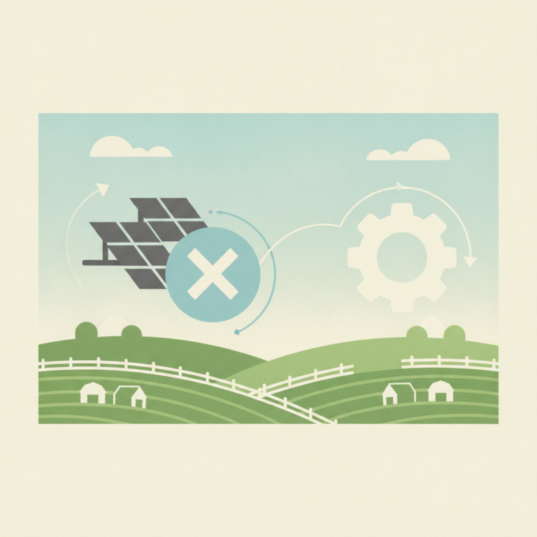 An illustration depicting rolling green farmland