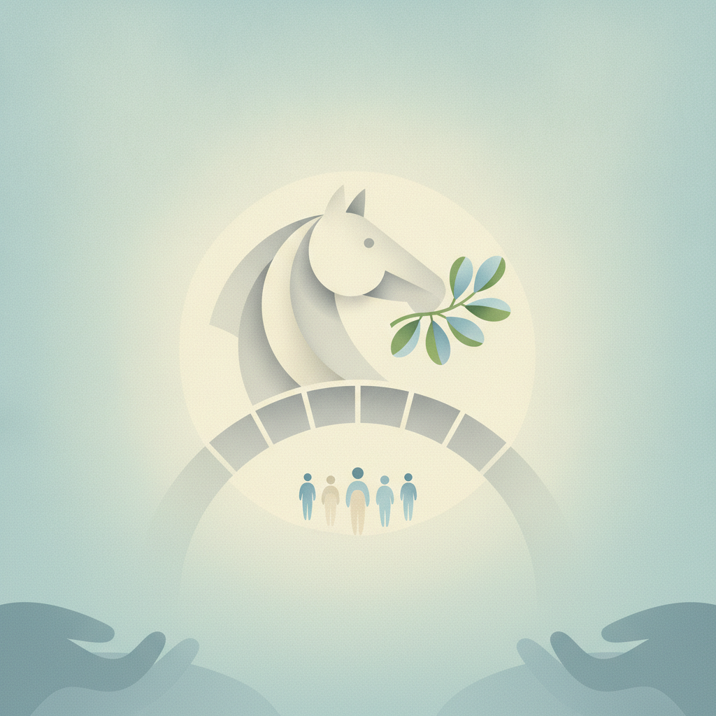 An illustration featuring a stylized white horse head