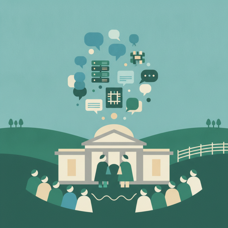 An illustration of a town hall meeting depicting