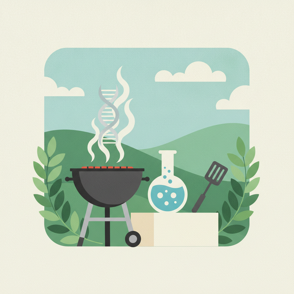 An illustration combining science and grilling, featuring