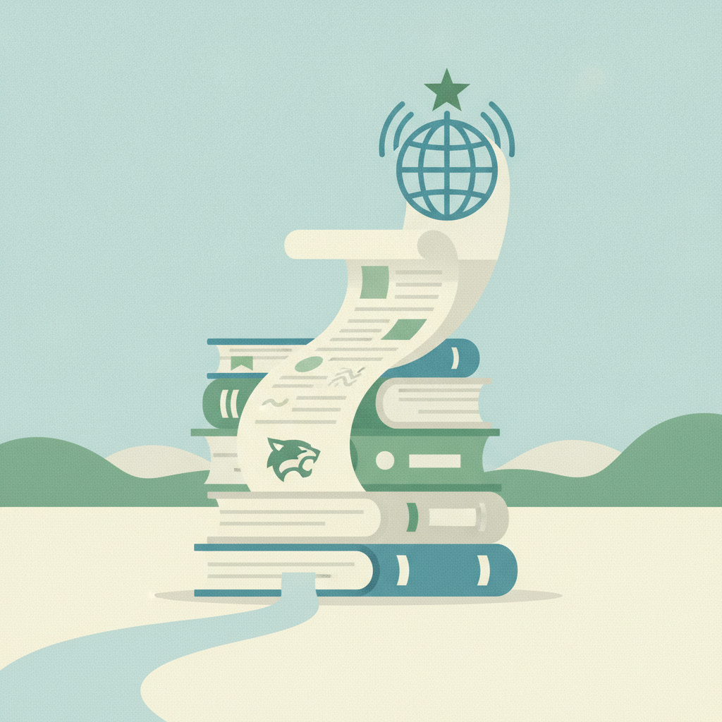 An illustration featuring a stack of books with