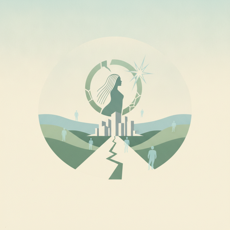 An artistic, circular illustration in muted green