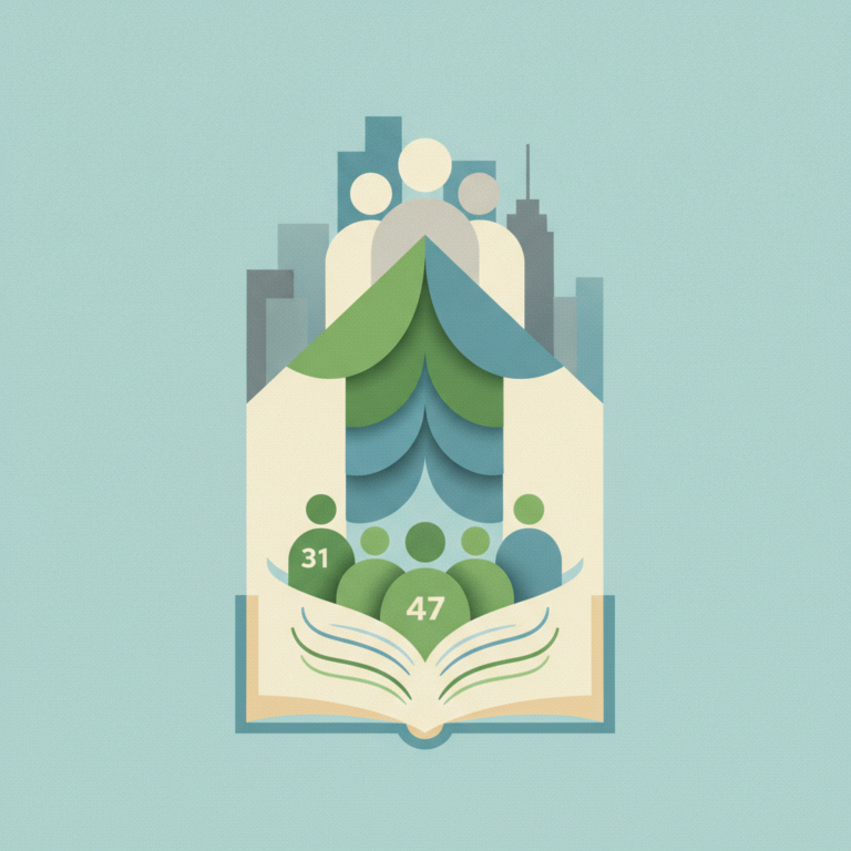 A graphic illustration in shades of teal, green, and cream, featuring an open book at the bottom with stylized figures of