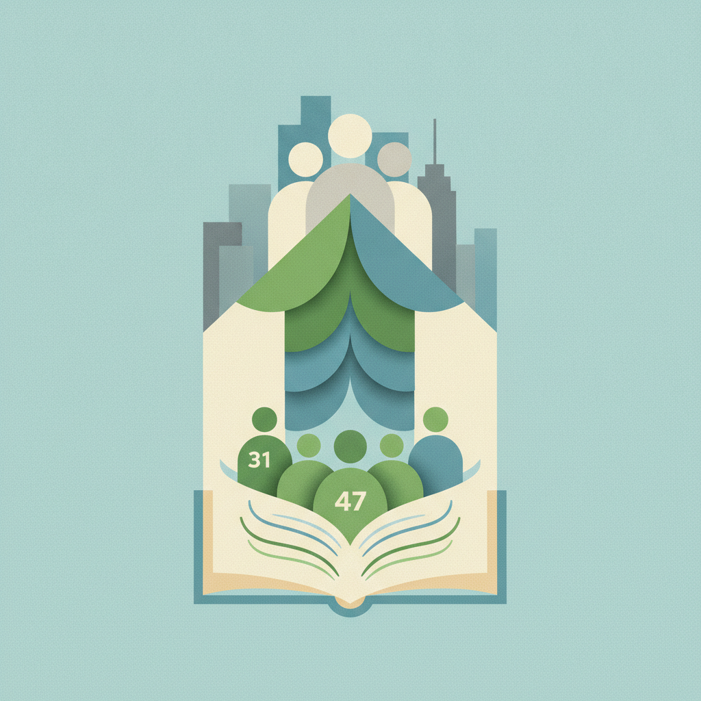 A graphic illustration in shades of teal, green, and cream, featuring an open book at the bottom with stylized figures of