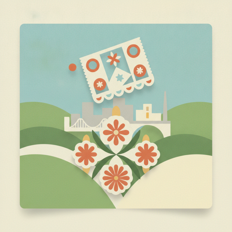 A stylized, layered