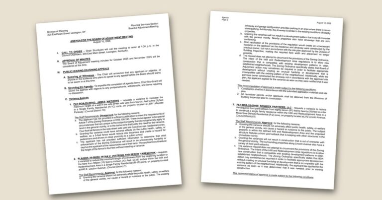 Cover page of the Board of Adjustment to hear zoning appeals on August 10 agenda PDF