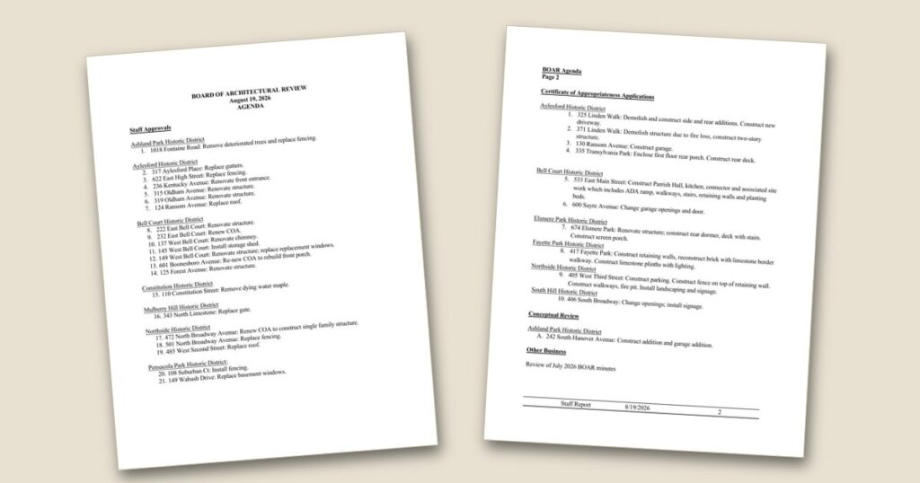Cover page of the Board of Architectural Review to consider 31 historic district projects agenda PDF