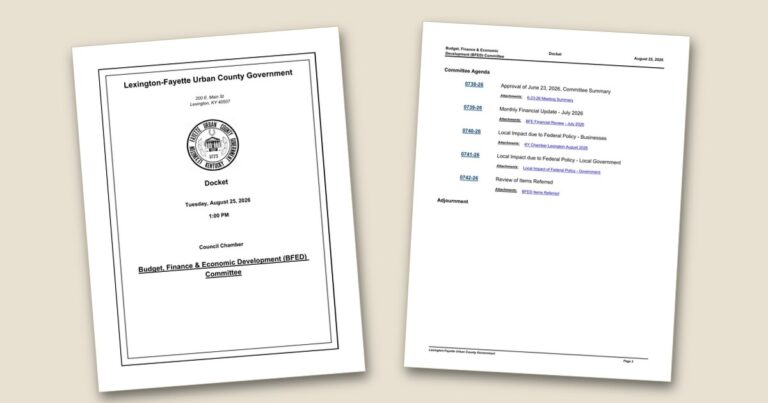 Cover page of the LFUCG Finance Committee to Review July Financial Update, Federal Policy Effects agenda PDF