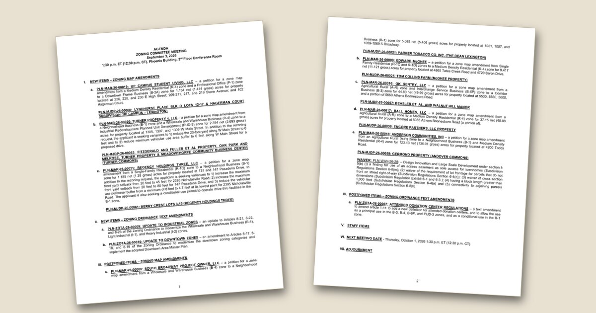 Cover page of the Zoning panel to consider student housing, downtown growth projects agenda PDF