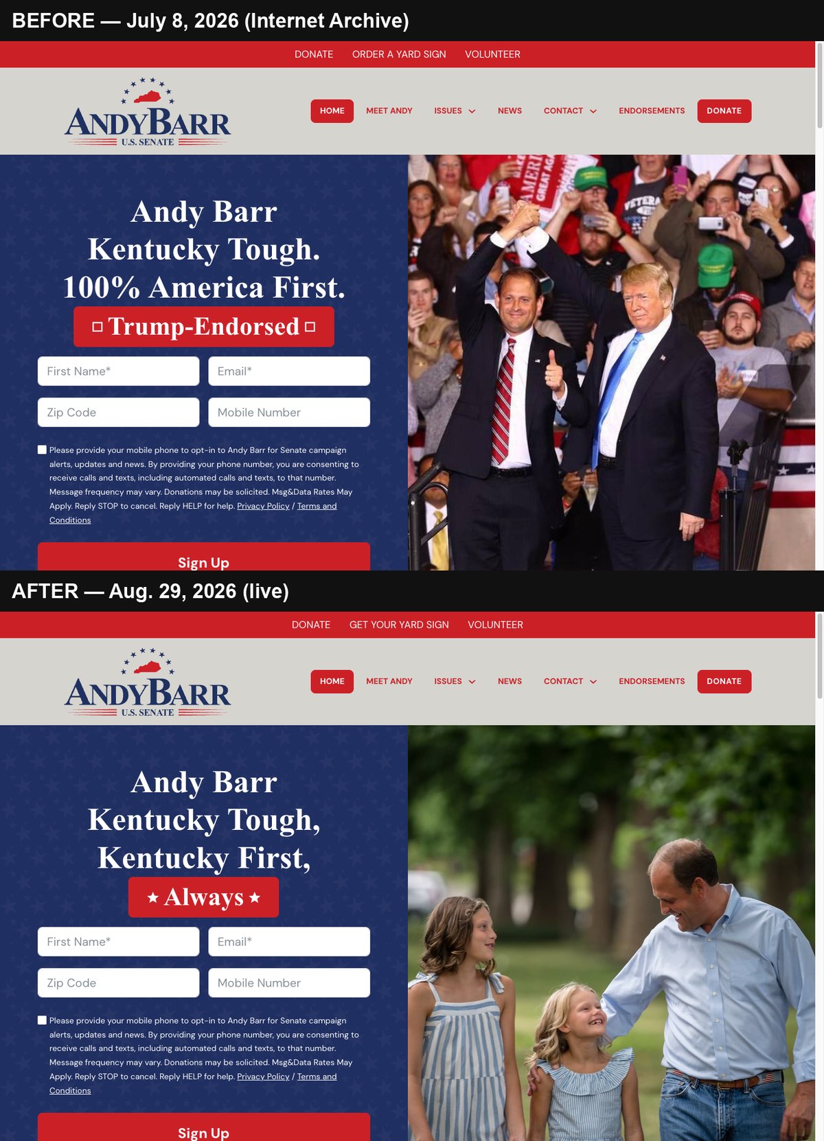 Barr’s Senate campaign website dropped its “Trump-Endorsed” banner, rally photo and 16 Trump references in a July 16 rewrite