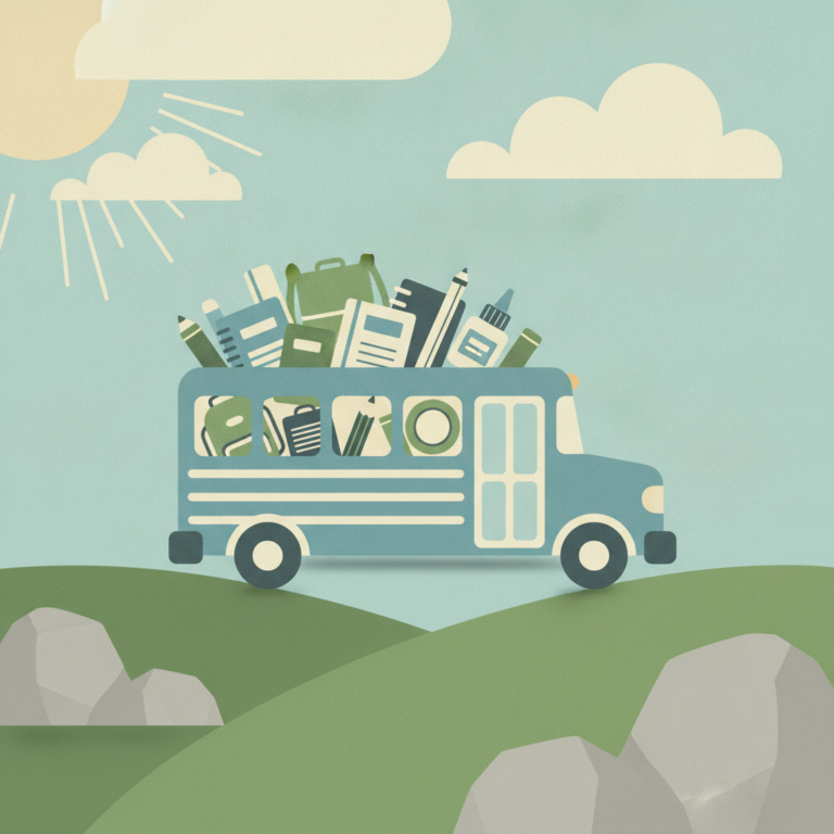 An illustration of a light blue school bus